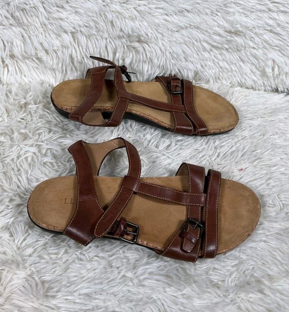 LL Bean Sandals Leather Women's Size 8M Brown Adjustable Strap Buckle Comfort